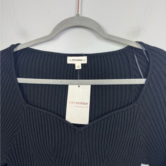EESOME | NEW Sweetheart Ribbed Knit Black Long Sleeve Top Women’s Size Large - Picture 7 of 11